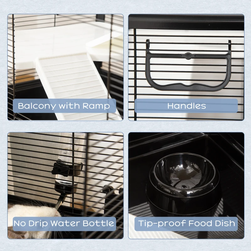 PawHut 3-tier Hamster Cage, Guinea Pig Cage, Pet Chinchillas Play House Indoor with Accessories Food Dish Water Bottle, Ramps, 31.5"x19"x 23", Black