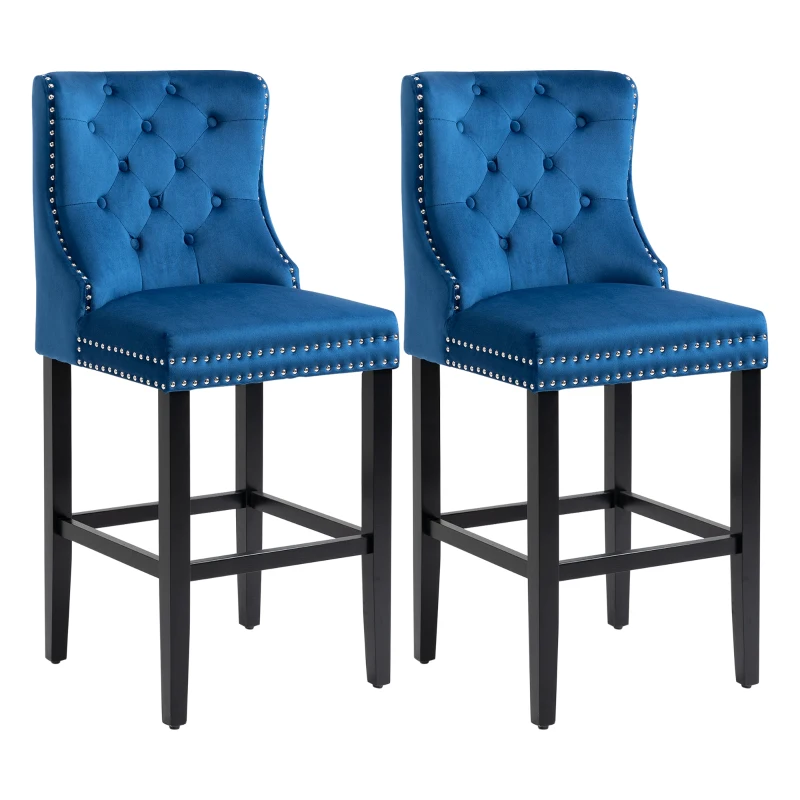 HOMCOM Upholstered Fabric Bar Stool Set of 2, Button Tufted 29.5" Seat Height Pub Chairs with Back & Wood Legs, Blue