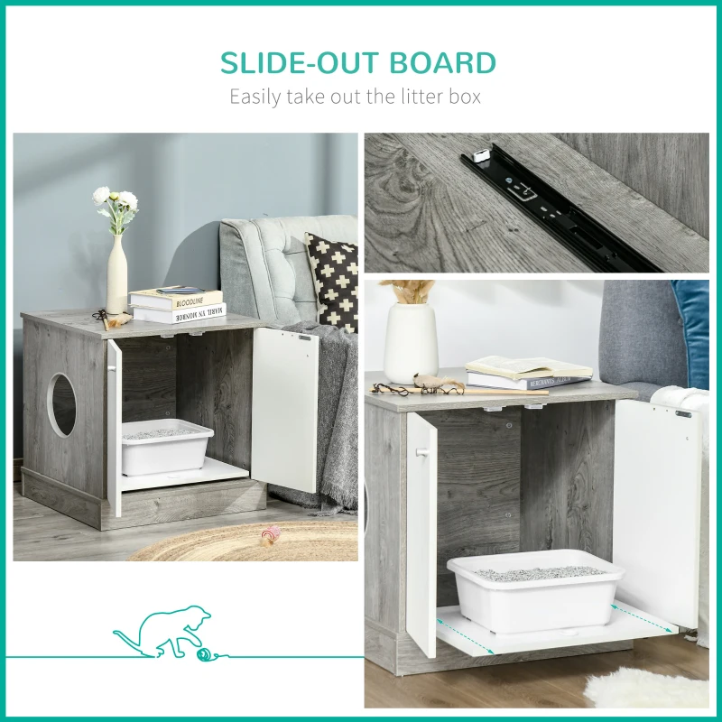 PawHut Cat Litter Box Enclosure Privacy Washroom Decorative Kitten Pet House Nightstand End Table Indoor with Magnetic Door Slide-out Board Grey Oak