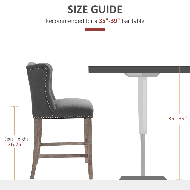 HOMCOM Counter Height Bar Stools Set of 2, Upholstered 26.75" Seat Height Barstools, Dark Gray