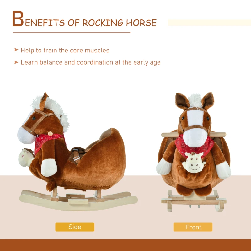 Qaba Baby Rocking Horse, Plush Animal Rocker for Toddlers Aged 18-36 Months, Stuffed Ride Toy with Hand Puppet, Sounds, Seat Belt, Brown