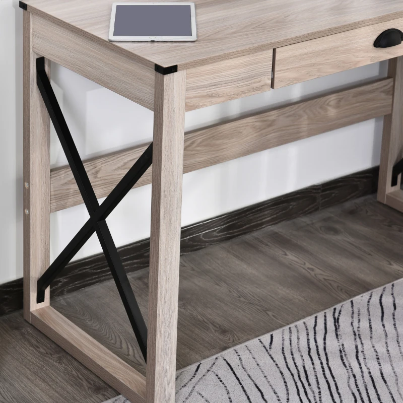 HOMCOM Industrial Computer Writing Desk, Study Desk with Drawer, Steel X-Frame Home Office Workstation, Oak Effect
