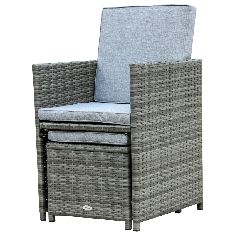 Outsunny 9 Piece Outdoor Rattan Wicker Dining Table and Chairs Furniture Set Space Saving Wicker Chairs w/ Cushions - Gray