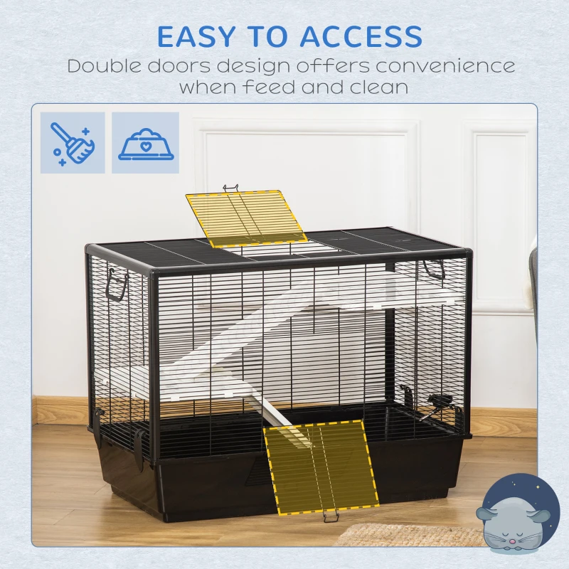 PawHut 3-tier Hamster Cage, Guinea Pig Cage, Pet Chinchillas Play House Indoor with Accessories Food Dish Water Bottle, Ramps, 31.5"x19"x 23", Black