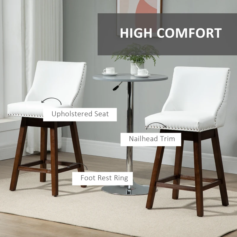 HOMCOM 28" Swivel Bar Height Bar Stools Set of 2, Armless PU Leather Upholstered Barstools Chairs with Nailhead Trim and Wood Legs, White