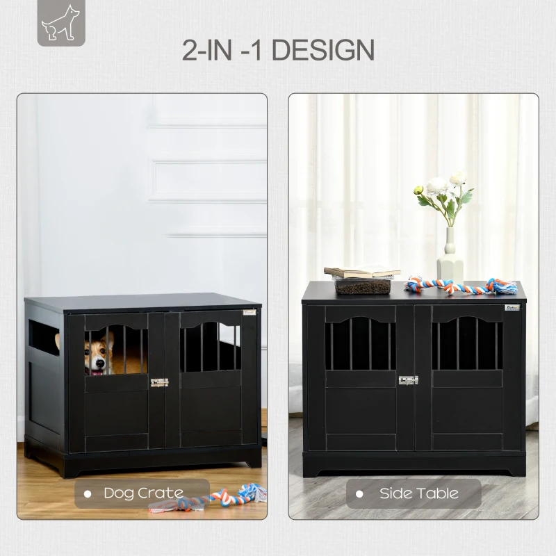 PawHut 29.5" Wooden Dog Cage with Windows, End Table Furniture Style, Modern Pet Kennel with Lockable Doors Elevated Base for Small and Medium-sized Dogs, Black