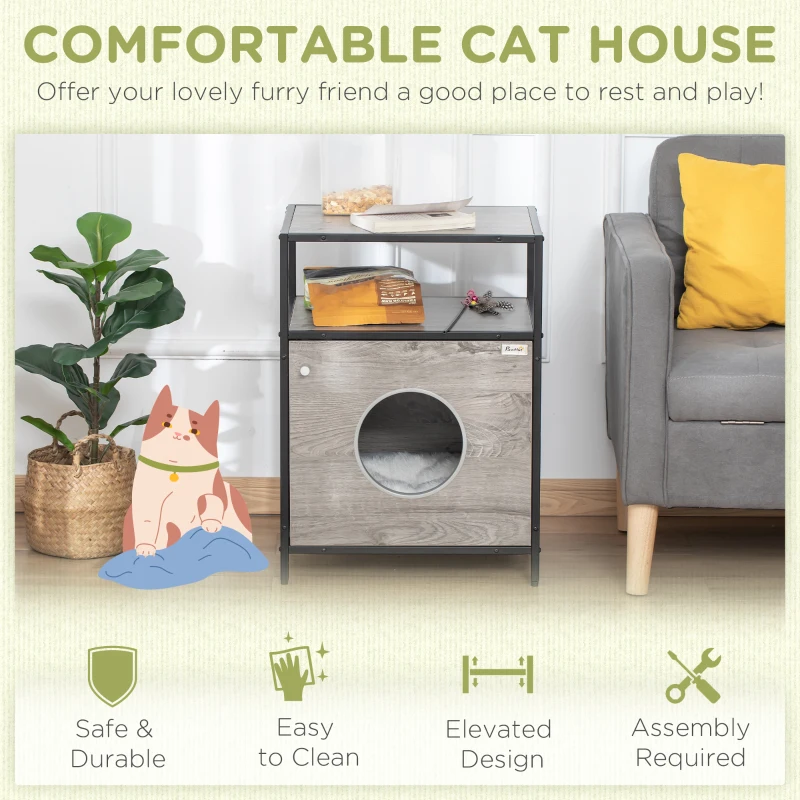 PawHut Wooden Cat House Kitty Shelter Bed with Washable Cushion and Open Shelf, Grey, 19" x 15.75" x 25.75"
