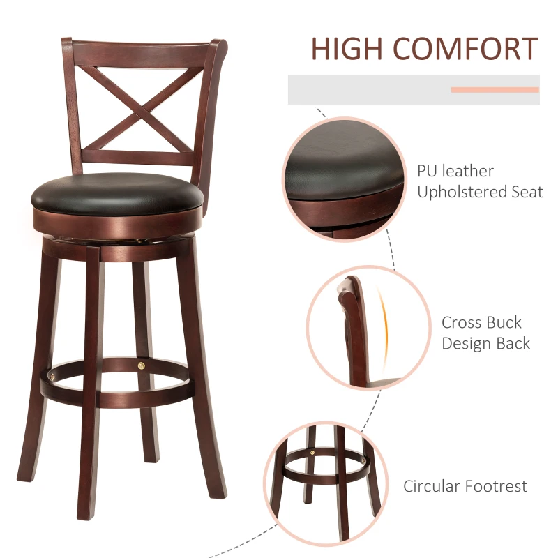 HOMCOM Swivel Bar Stool with Back, 31 Inch PU Leather Bar Height Stool, Farmhouse Barstool with Rubberwood Frame, Black