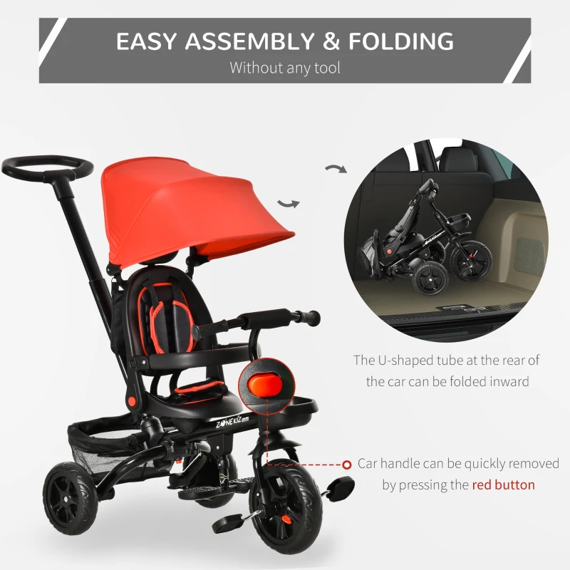 Qaba Tricycle for Toddler 4 in 1 Kids Trike with Reversible Adjustable Seat, Baby Push Bike with Removable Handle, Canopy, Belt Storage Brake Clutch for 1-5 Years, Red