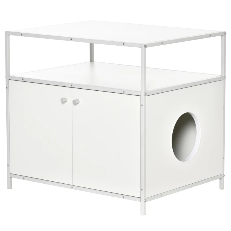 PawHut Cat Litter Box Enclosure Hidden Cat Furniture Cabinet Indoor Cat Washroom Double-door Nightstand End Table with Cat Hole Storage Shelf White