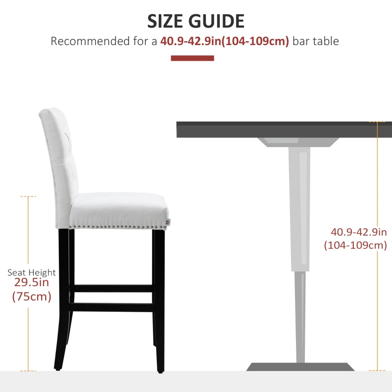 HOMCOM Fabric Bar Stool Set of 2, Tall 29.5" Seat Height Bar Chairs with Tufted Back & Wood Legs, Cream White