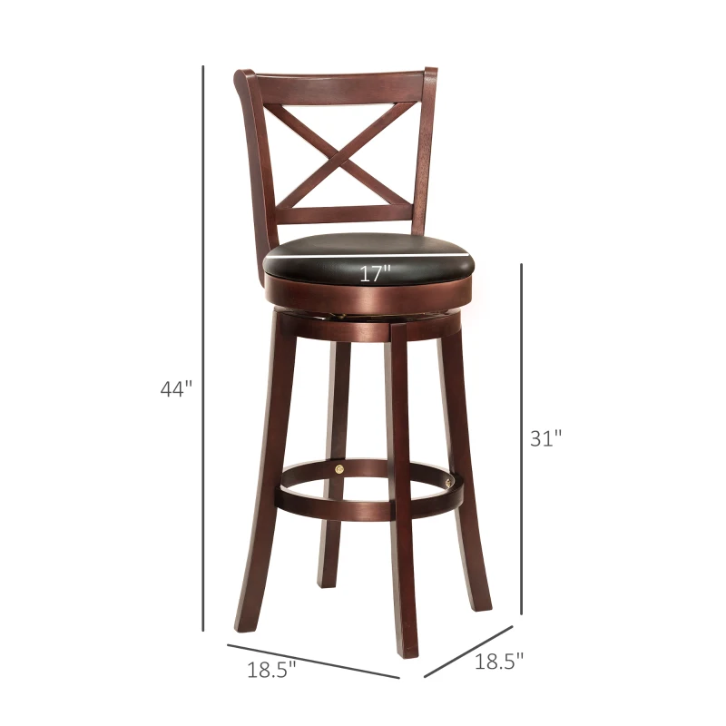 HOMCOM Swivel Bar Stool with Back, 31 Inch PU Leather Bar Height Stool, Farmhouse Barstool with Rubberwood Frame, Black