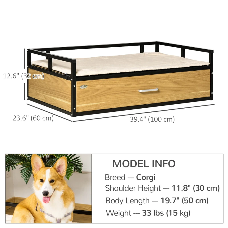 PawHut 39.25" Elevated Dog Bed, Furniture Style Pet Couch, Soft Modern Puppy Sofa, with Storage Drawer, Washable Cushion, Steel Frame, for Medium Dogs, Oak