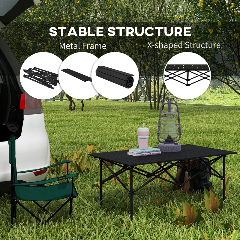 Outsunny Folding Camping Table with Roll up Top and Carry Bag, Portable Picnic Table for Camping, Picnic, Hiking, Black