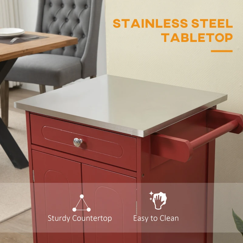 HOMCOM Kitchen Cart, Small Kitchen Island, Stainless Steel Top Utility Trolley on Wheels with Storage Drawer for Dining Room, Kitchen, Red