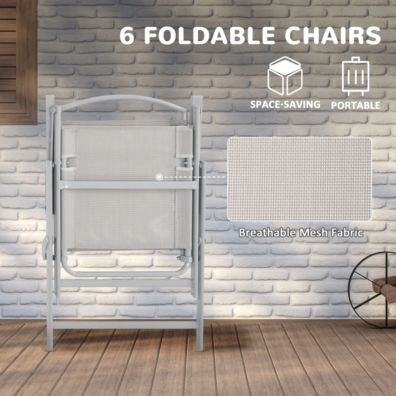 Outsunny 8 Piece Patio Set with Umbrella, 6 Folding Chairs, Rectangle Table, Outdoor Dining Set for 6 with Mesh Seat, Grey