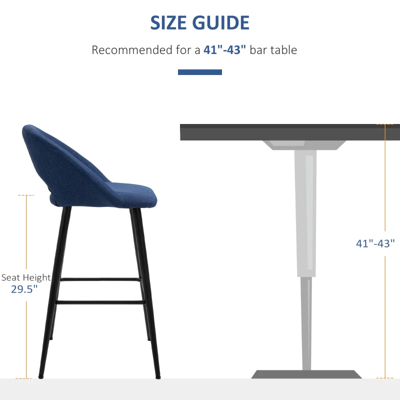 HOMCOM Fabric Bar stools Set of 2, 29.5" Pub Height Chairs with Steel Legs, Backrest for Kitchen Counter, Dining Room, Bistro Table, Blue