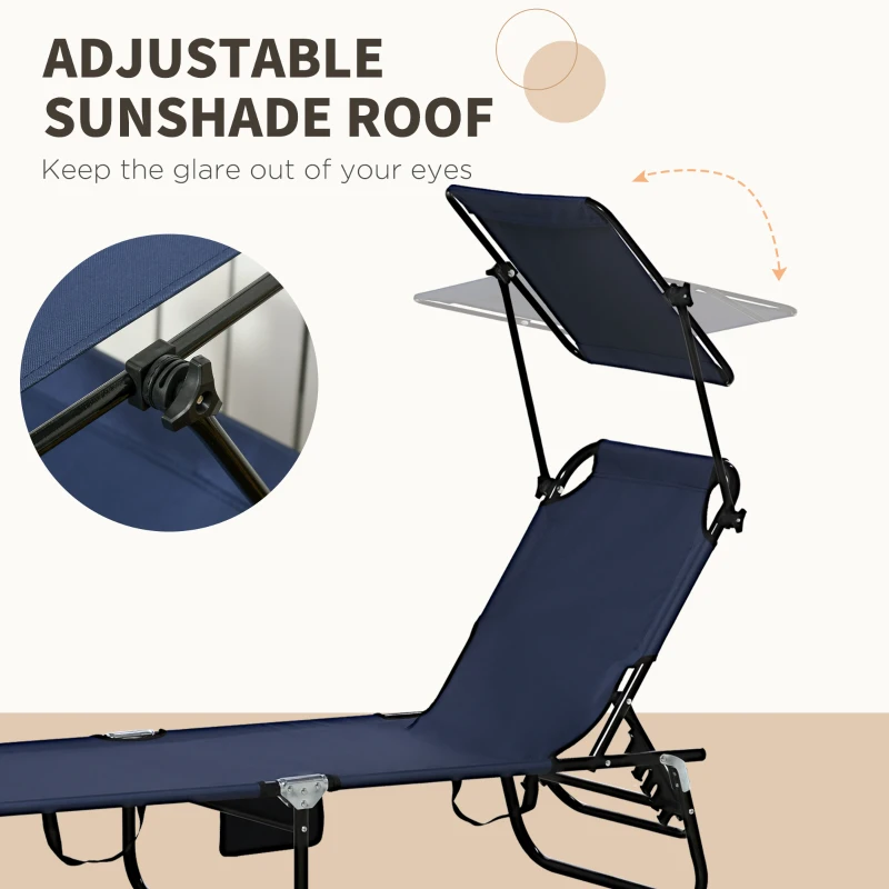 Outsunny 2 Piece Folding Outdoor Chaise Lounges, Pool, Sun, Tanning Chairs with Reclining Back, Sunshade for Beach, Patio, Blue