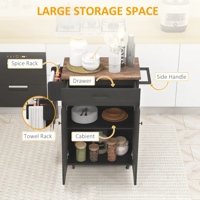 HOMCOM Modern Rolling Kitchen Island Cart with Drawer, Natural Wood Top, Towel Rack, Door Storage Cabinet, Distressed Black