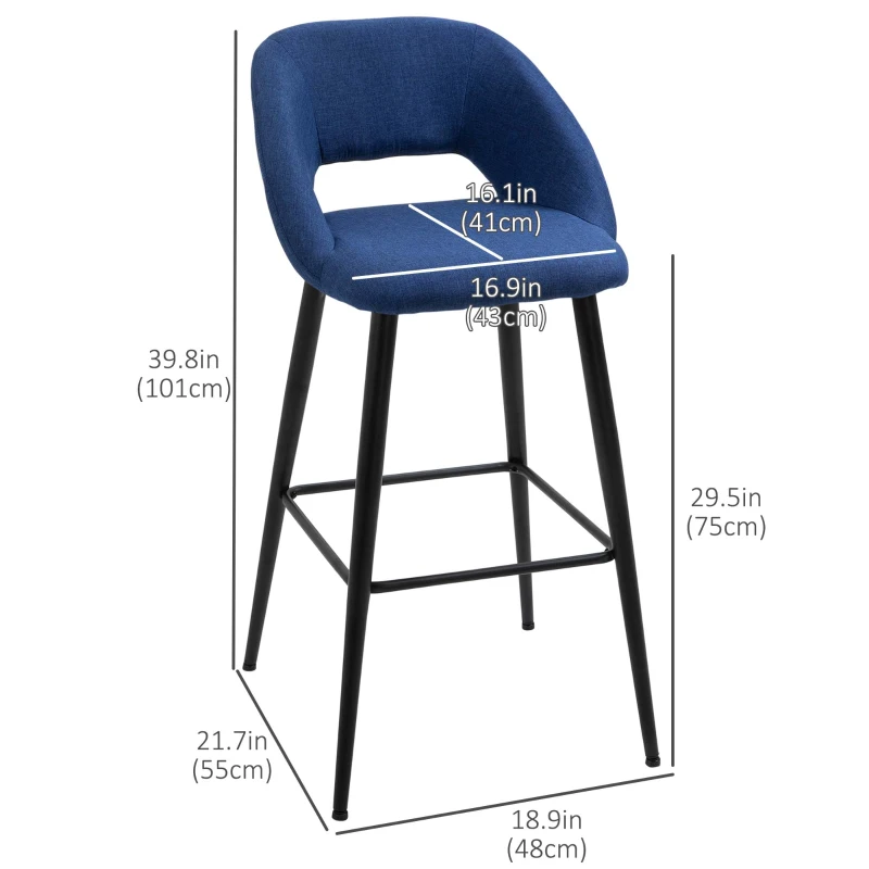 HOMCOM Fabric Bar stools Set of 2, 29.5" Pub Height Chairs with Steel Legs, Backrest for Kitchen Counter, Dining Room, Bistro Table, Blue