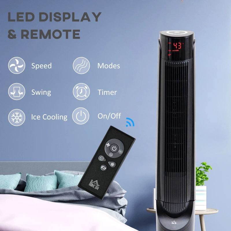HOMCOM Cooling Fan for Bedroom with Ice Pack, Tower Fan with Remote Control, 3 Modes, 3 Speeds, 3 Speeds, 12H Timer, Black