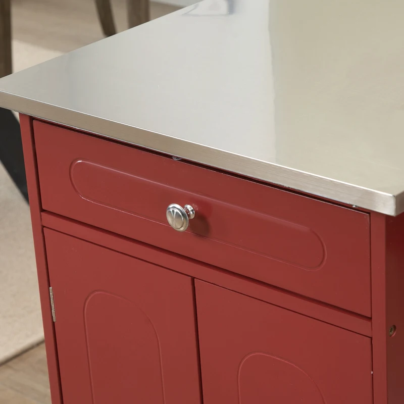 HOMCOM Kitchen Cart, Small Kitchen Island, Stainless Steel Top Utility Trolley on Wheels with Storage Drawer for Dining Room, Kitchen, Red