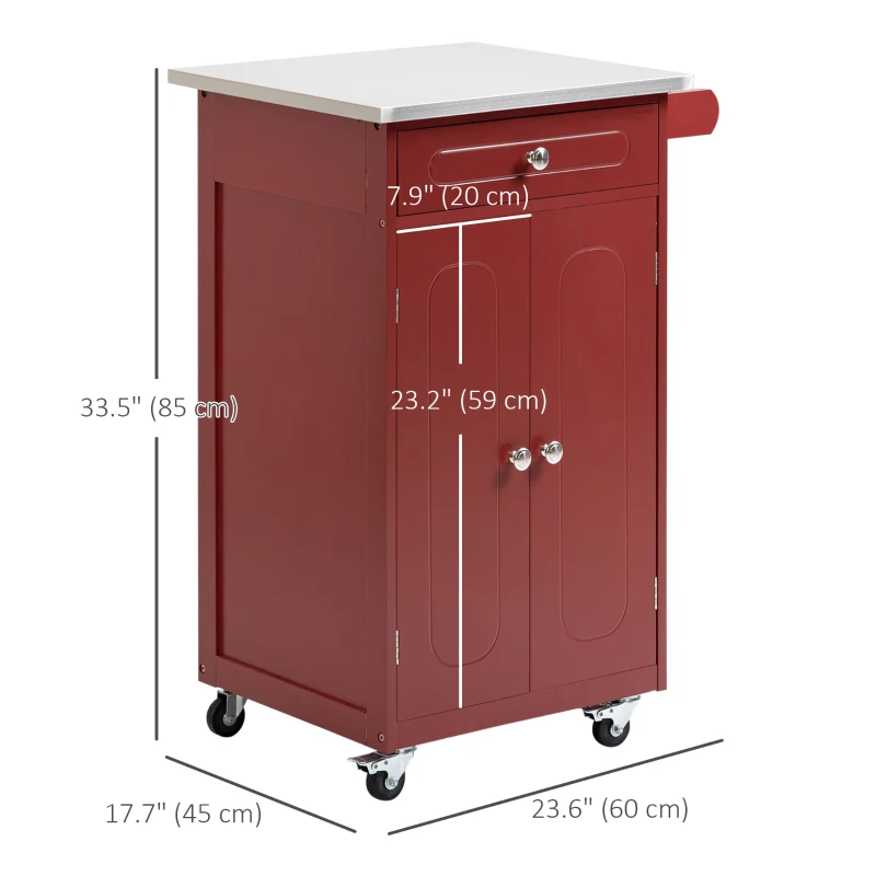 HOMCOM Kitchen Cart, Small Kitchen Island, Stainless Steel Top Utility Trolley on Wheels with Storage Drawer for Dining Room, Kitchen, Red