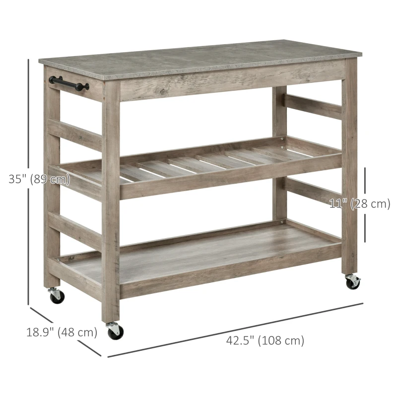 HOMCOM Kitchen Cart Rolling Kitchen Island Utility Trolley with Concrete Effect Top & Storage Wine Rack, Grey