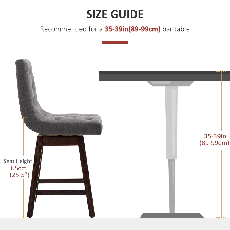 HOMCOM Bar Stools Set of 2, Swivel Bar Chairs, 25.5" High Fabric Tufted Breakfast Barstools for Kitchen Counter, Dark Grey