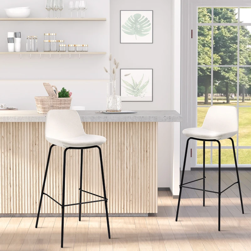 HOMCOM 29.5" Bar Stools Set of 2, Upholstered Extra Tall Barstools, Armless Bar Chairs with Back, Steel Legs, Cream White