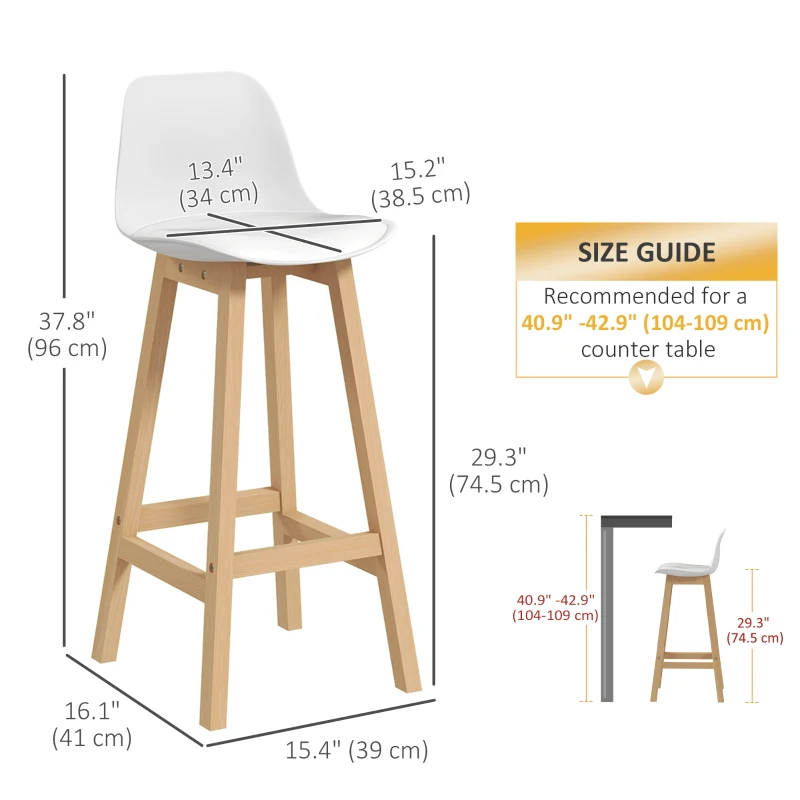 HOMCOM Bar Height Stools Set of 2, PU Leather Upholstered Stools for Kitchen Island, Modern Bar Chairs with Backs, White