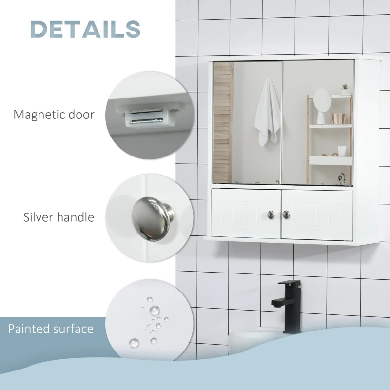 kleankin Medicine Cabinet with Mirror, Bathroom Wall Cabinet with 2 Mirrored Doors, 2 Modern Doors and Adjustable Shelf, White