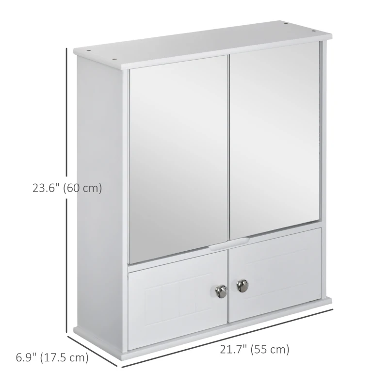 kleankin Medicine Cabinet with Mirror, Bathroom Wall Cabinet with 2 Mirrored Doors, 2 Modern Doors and Adjustable Shelf, White