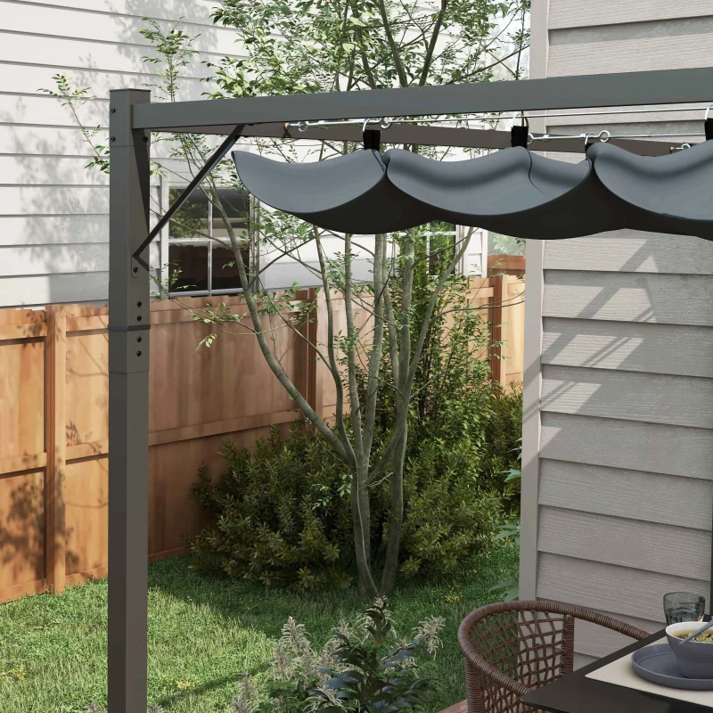 Outsunny Metal Pergola with Retractable Roof, 10' x 10' Wall Mounted Outdoor Gazebo Sun Shade Shelter
