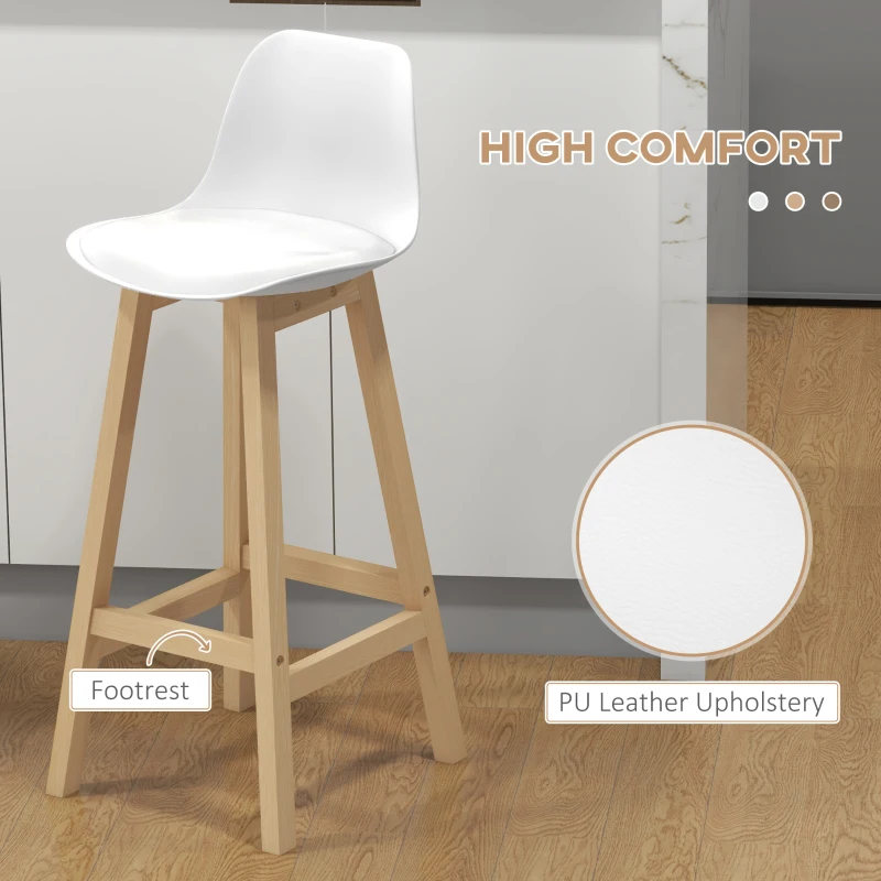 HOMCOM Bar Height Stools Set of 2, PU Leather Upholstered Stools for Kitchen Island, Modern Bar Chairs with Backs, White