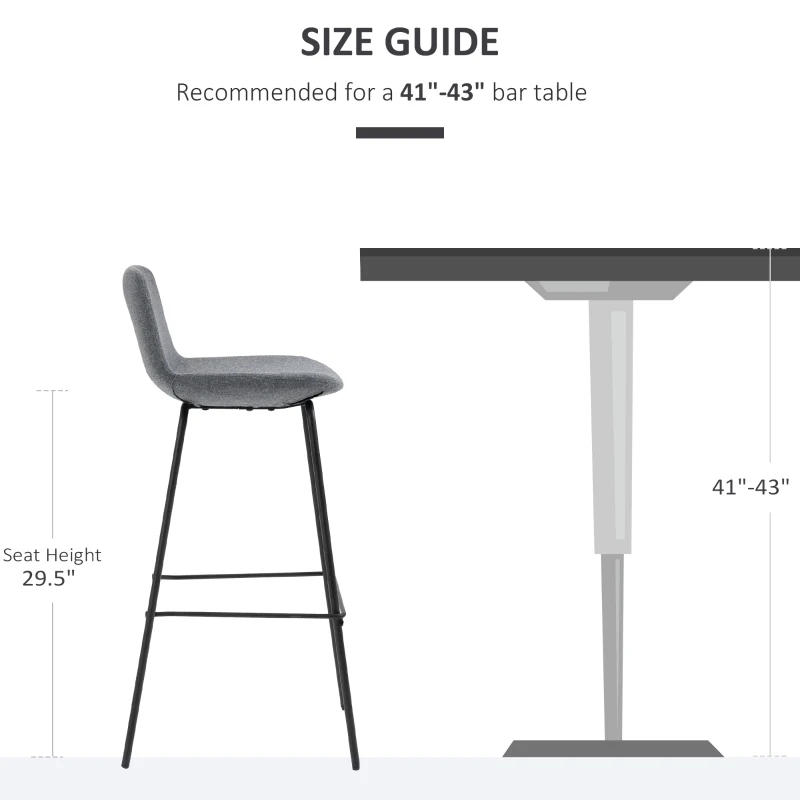 HOMCOM 29.5" Bar Stools Set of 2, Upholstered Extra Tall Barstools, Armless Bar Chairs with Back, Steel Legs, Grey