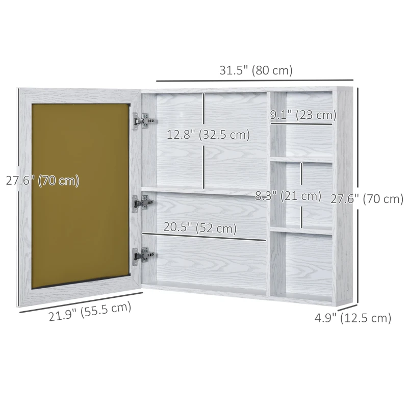 kleankin Aluminum Medicine Cabinet with Mirror, 31.5"W x 27.5"H Bathroom Storage Cabinet with 3-tier Shelves, Wall Mounted, White