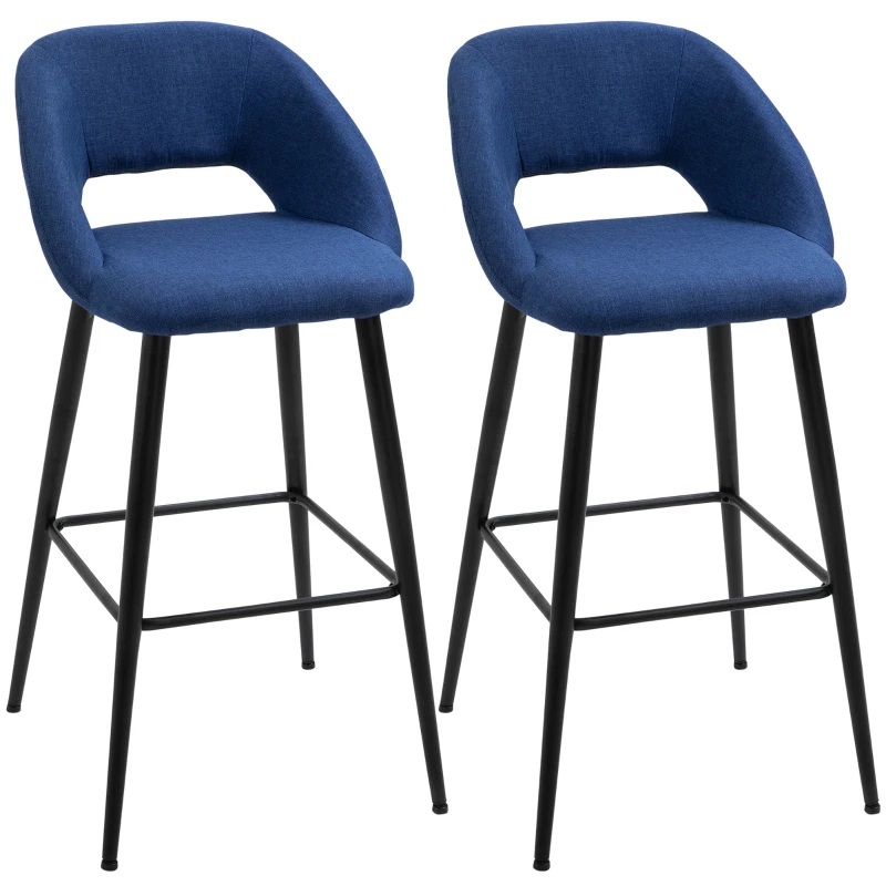 HOMCOM Fabric Bar stools Set of 2, 29.5" Pub Height Chairs with Steel Legs, Backrest for Kitchen Counter, Dining Room, Bistro Table, Blue