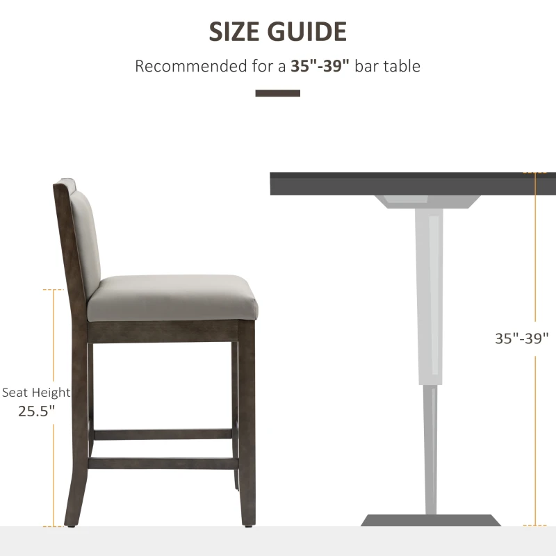 HOMCOM Counter Height Bar Stools Set of 2, Bar Chairs with Wood Legs, Grey