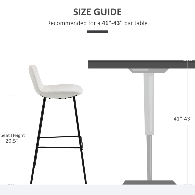 HOMCOM 29.5" Bar Stools Set of 2, Upholstered Extra Tall Barstools, Armless Bar Chairs with Back, Steel Legs, Cream White