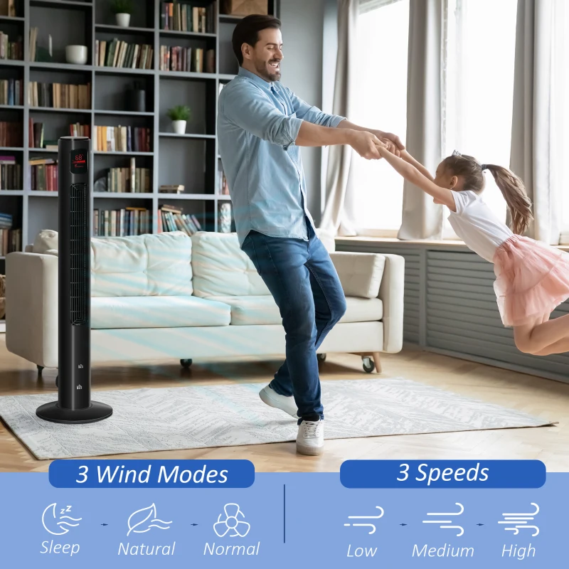HOMCOM Freestanding Tower Fan Cooling for Home Bedroom with Oscillating, 3 Speed, 12h Timer, LED Sensor Panel, Remote Controller, Black