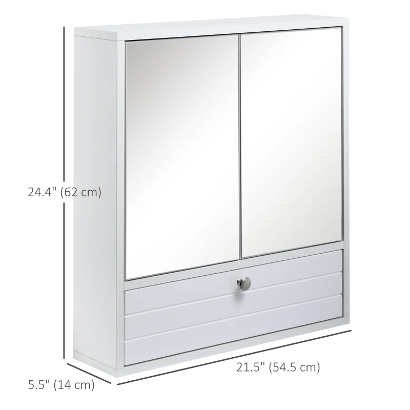 kleankin Medicine Cabinet with Mirror, Bathroom Wall Cabinet with 2 Mirrored Doors, 1 Modern Door and Adjustable Shelf, White
