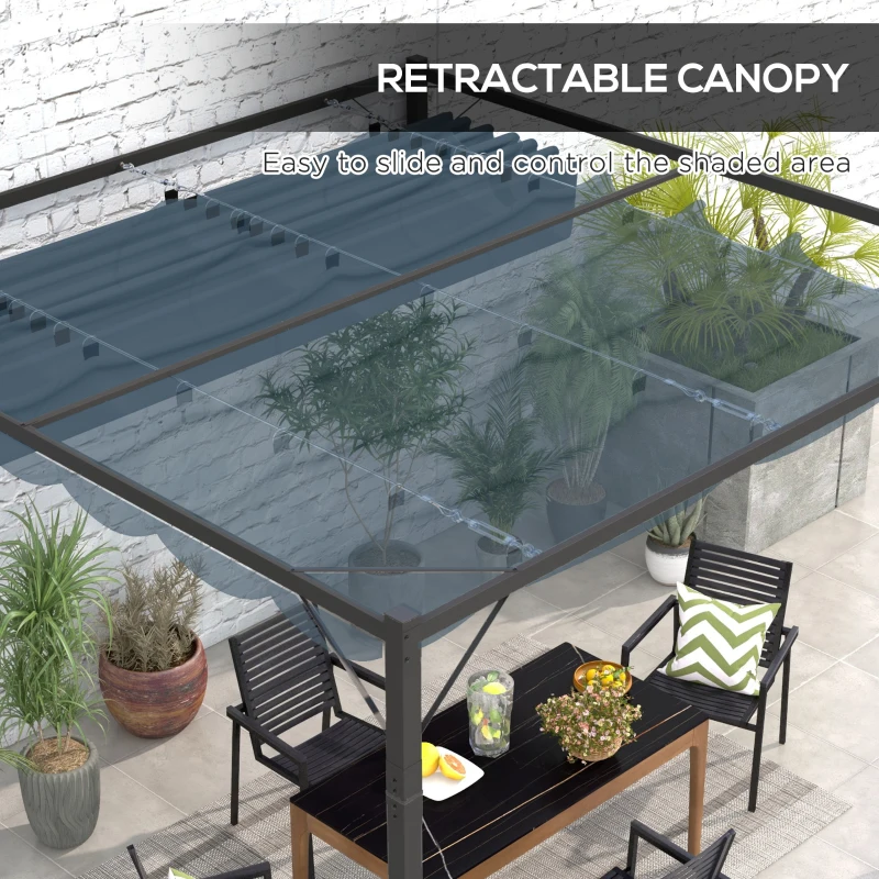 Outsunny Metal Pergola with Retractable Roof, 10' x 10' Wall Mounted Outdoor Gazebo Sun Shade Shelter