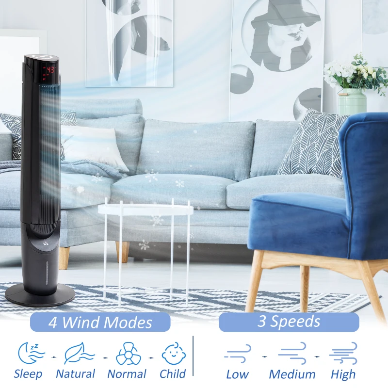 HOMCOM Cooling Fan for Bedroom with Ice Pack, Tower Fan with Remote Control, 3 Modes, 3 Speeds, 3 Speeds, 12H Timer, Black