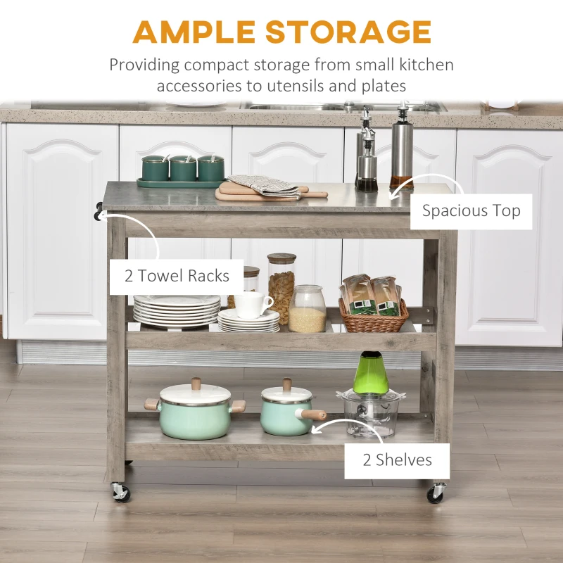 HOMCOM Kitchen Cart Rolling Kitchen Island Utility Trolley with Concrete Effect Top & Storage Wine Rack, Grey
