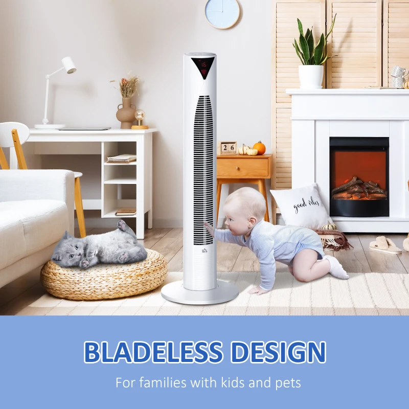 HOMCOM Freestanding Tower Fan Cooling for Home Bedroom with 3 Speed, 12h Timer, Oscillating, LED Sensor Panel, Remote Controller, White