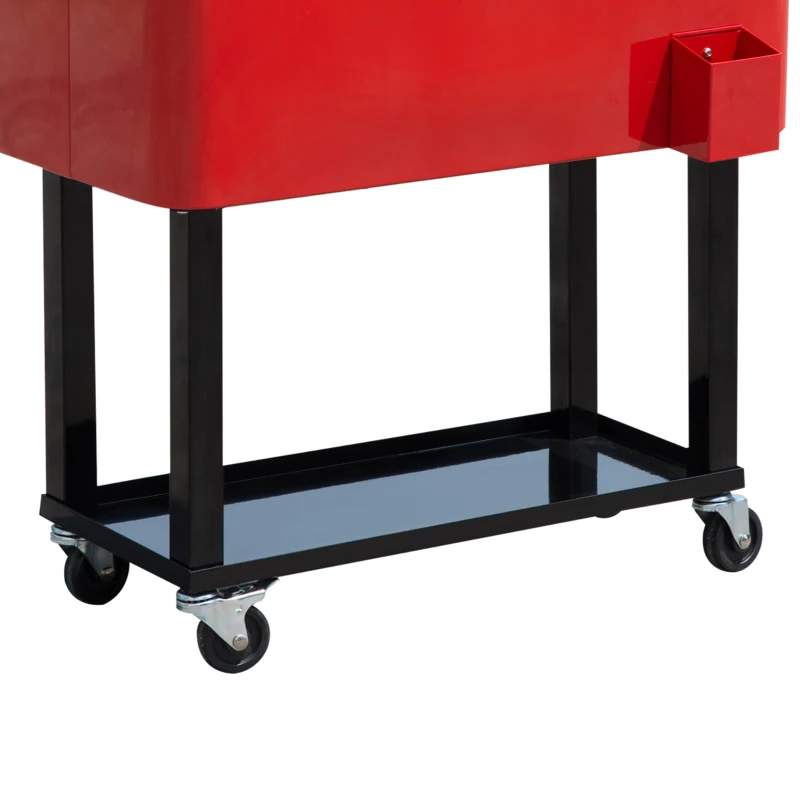 Outsunny 80 Quart Rolling Cooler Cart Portable Patio Ice Beer Beverage Cooling Bin for Outdoor Party w/ Bottle Opener & Storage Shelf Red