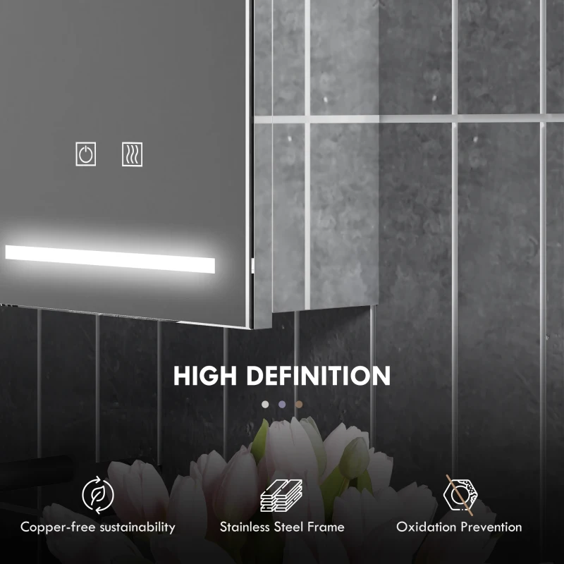 HOMCOM Illuminated Medicine Cabinet with Mirror, LED Vanity Mirror Cabinet with Defogging Film, Stainless Steel Frame