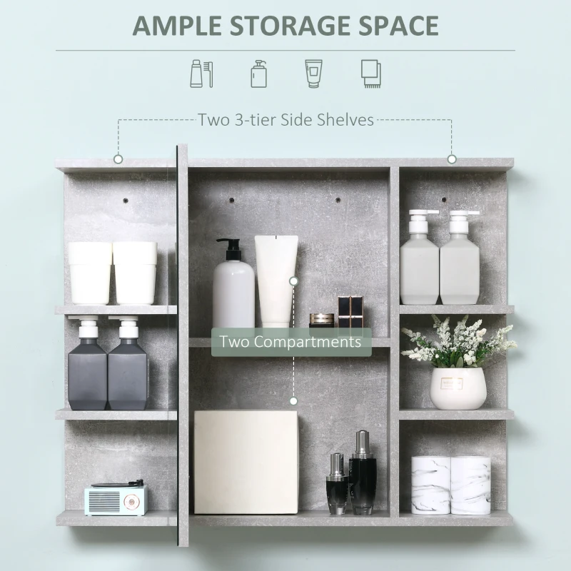 kleankin Medicine Cabinet with Mirror, Cement-Like Contemporary Bathroom Wall Cabinet with 6 Open Shelves, Grey