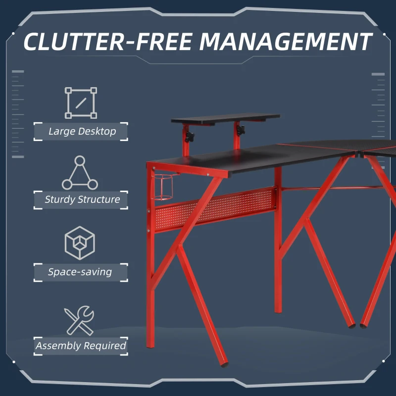 HOMCOM Gaming Desk, L-Shaped Corner Computer Table for Home Office, Workstations with Adjustable Monitor Stand Cup Holder Headphone Hook 49.25" x 49.25" x 29.5" Red